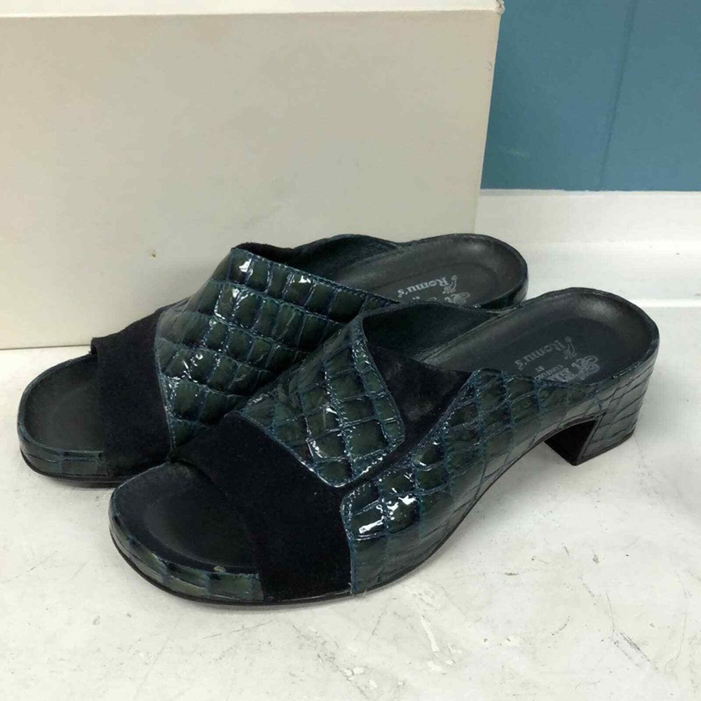 Elle Comfort by Romus Mules Slides Block‎ Heel Quilted Green Black Size 37 7